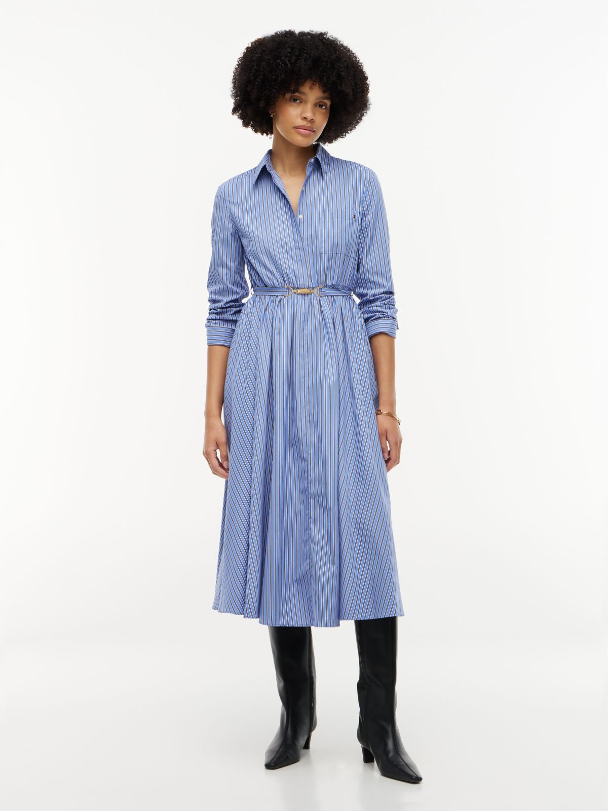 Belted Striped Poplin Midi Shirtdress — New York Blue Stripe