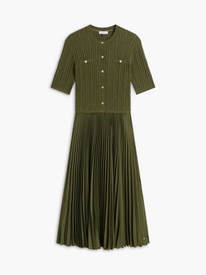 Женское платье Tommy Hilfiger Gold Button Mixed-Media Pleated Midi, цвет: Зелёный — фото 5