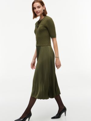 Женское платье Tommy Hilfiger Gold Button Mixed-Media Pleated Midi, цвет: Зелёный — фото 3