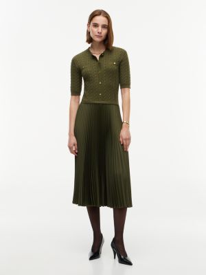 Gold Button Mixed-Media Pleated Midi Dress, Huntsman Green