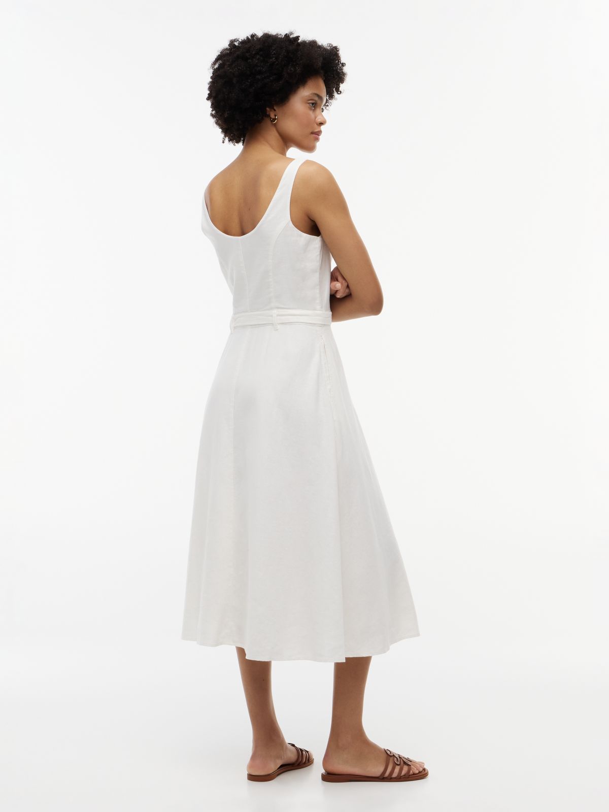 Belted Linen-Blend Midi Dress — Ecru