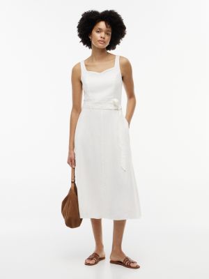 Belted Linen-Blend Midi Dress, Ecru