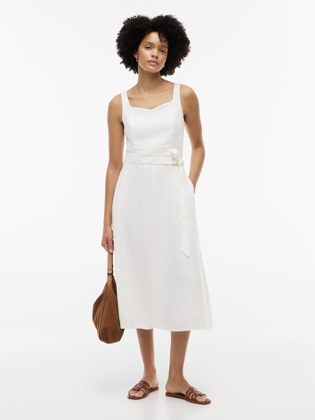 Belted Linen-Blend Midi Dress — Ecru