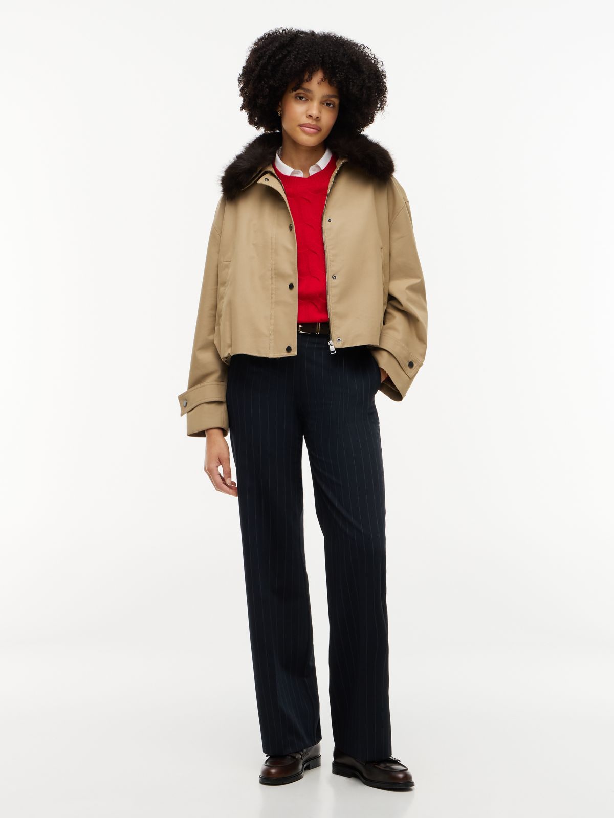 Faux Fur-Trimmed Bomber Jacket — Camel