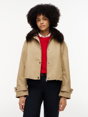 Faux Fur-Trimmed Bomber Jacket, Camel