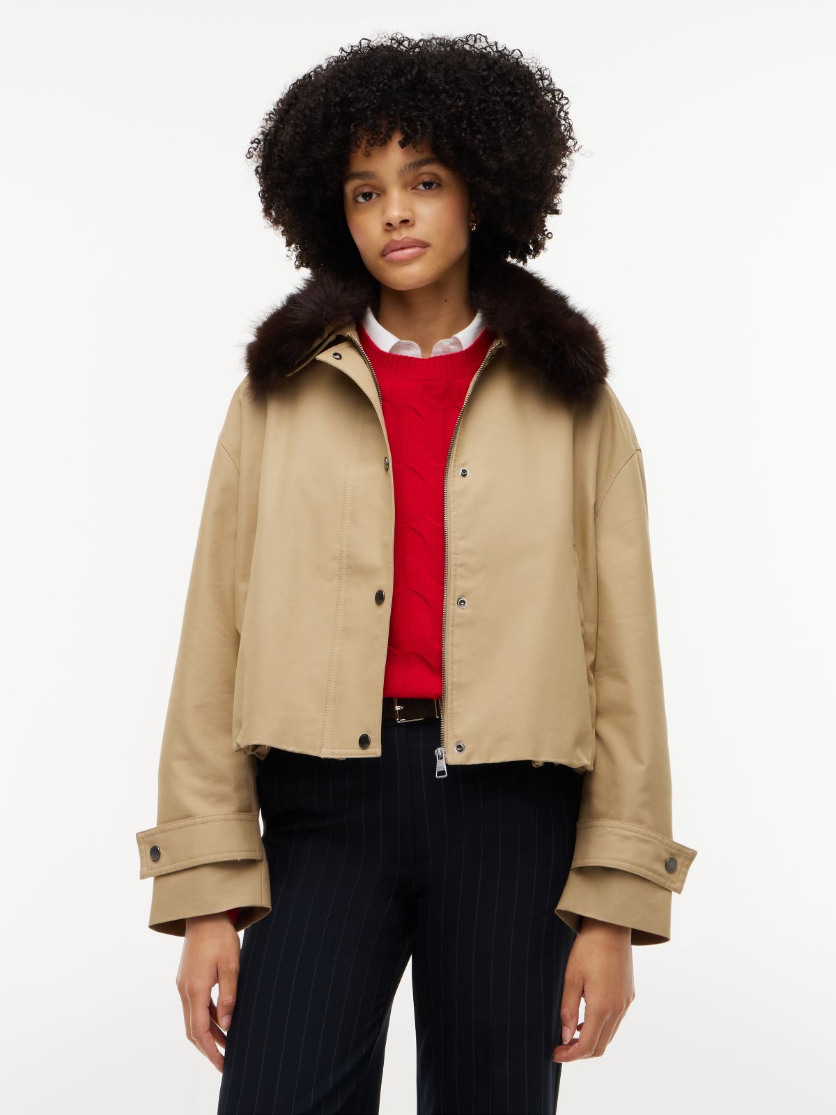 Faux Fur-Trimmed Bomber Jacket — Camel