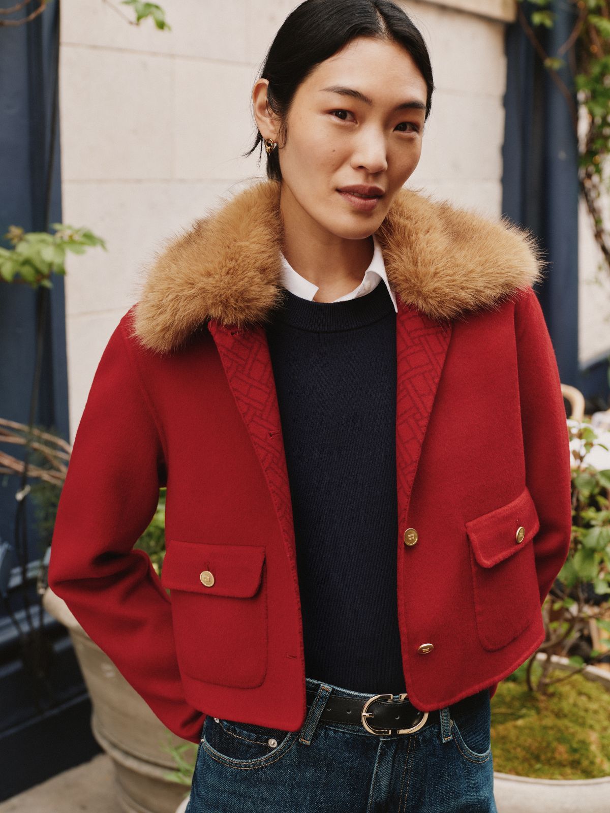 Faux Fur Wool-Blend Lady Jacket — Red