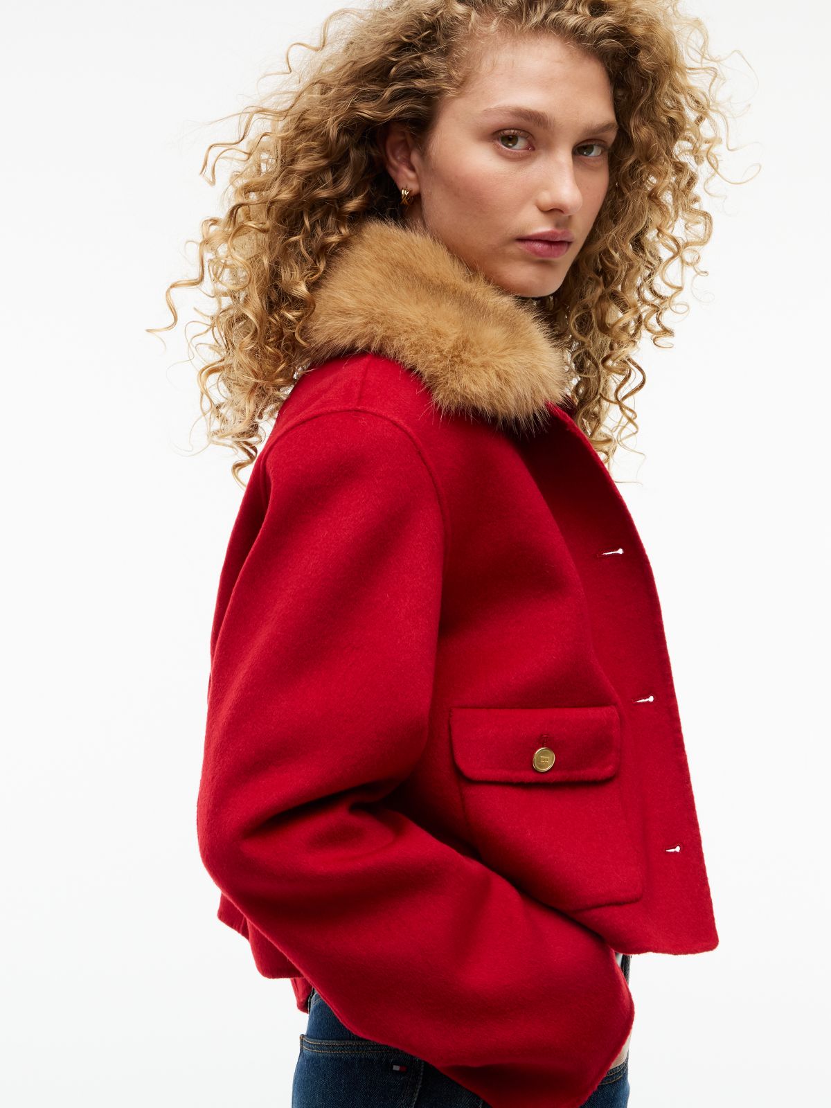 Faux Fur Wool-Blend Lady Jacket — Red