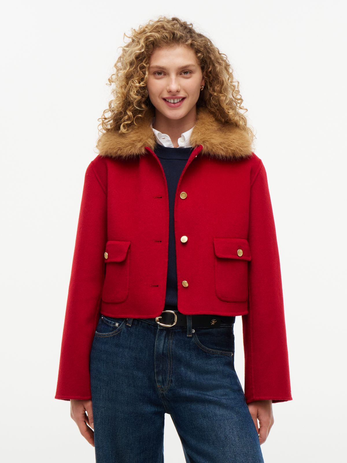 Faux Fur Wool-Blend Lady Jacket — Red
