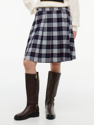 Pleated Check Midi Skirt, Navy Blue