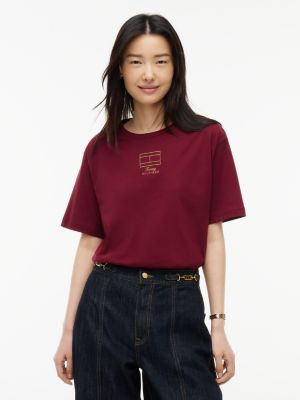 Boxy Fit Embroidered Flag Logo T-Shirt, Burgundy