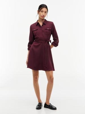 Textured Satin Utility Shirtdress, Deep Burgundy