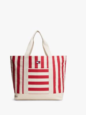 Nautical Stripe Canvas Tote Bag, Natural/Medium Red