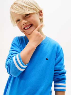 Kids' Stripe-Cuff Crewneck Sweater, Copenhagen Blue