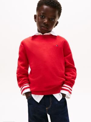 Kids' Stripe-Cuff Crewneck Sweater, Primary Red
