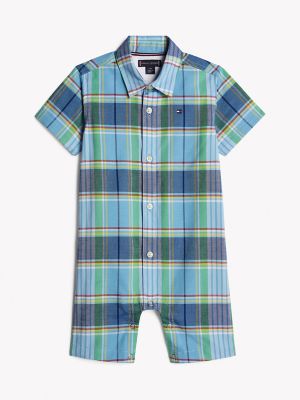 Babies' Plaid Stretch-Cotton Shortall, Copenhagen Blue