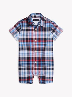 Babies' Plaid Stretch-Cotton Shortall, Navy