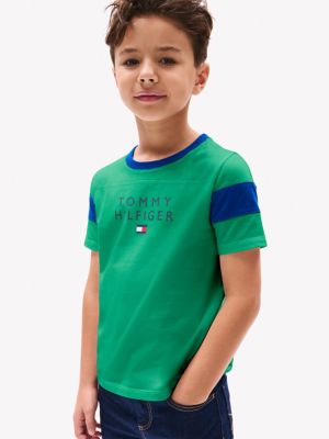 Kids' Logo Stripe-Sleeve T-Shirt, Olympic Green