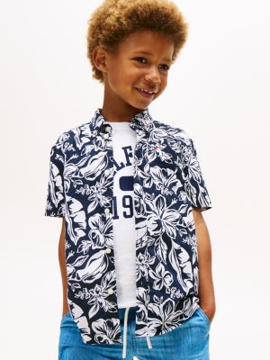 Kids' Tropical Print Slub Cotton Shirt, Tropical Navy