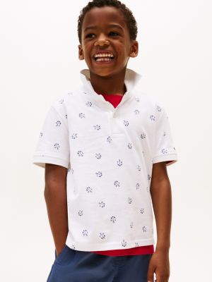 Kids' Allover Anchor Print Stretch Polo, Optic White