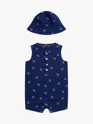 Babies' Anchor Print Hat & Shortall Set, Navy