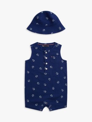 Babies' Anchor Print Hat & Shortall Set, Navy