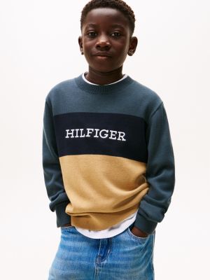 Kids' Colorblock Logo Crewneck Sweater, Military Denim