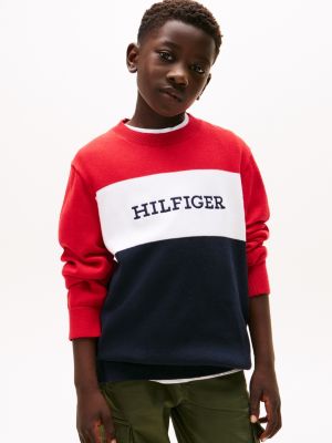 Kids' Colorblock Logo Crewneck Sweater, Red