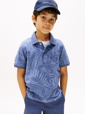 Kids' Tonal Palm Print Polo, Faded Indigo