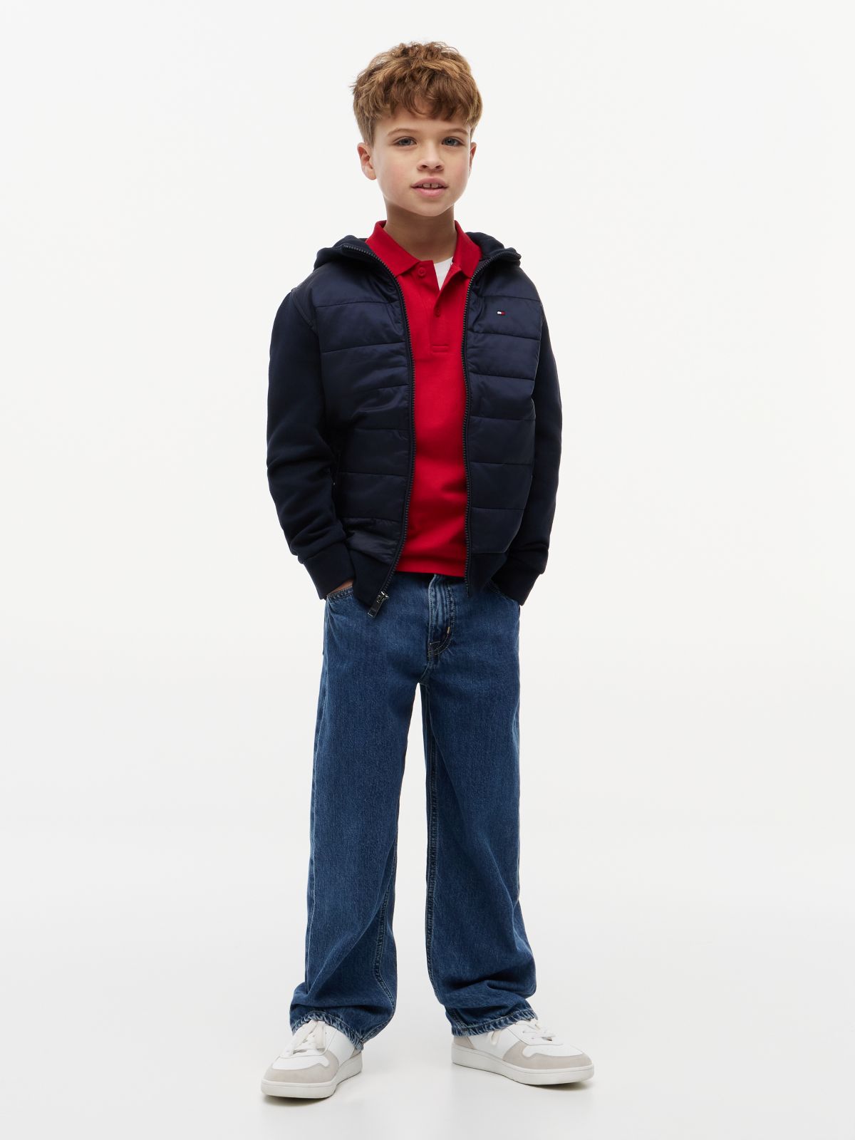 Kids' Mixed Media Hooded Quilted Jacket — Navy Blue