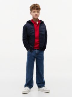Kids' Mixed Media Hooded Quilted Jacket — Navy Blue 2