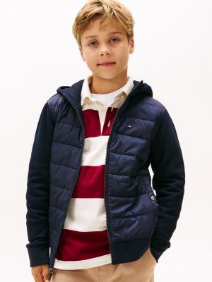 Kids' Mixed Media Hooded Quilted Jacket, Navy Blue