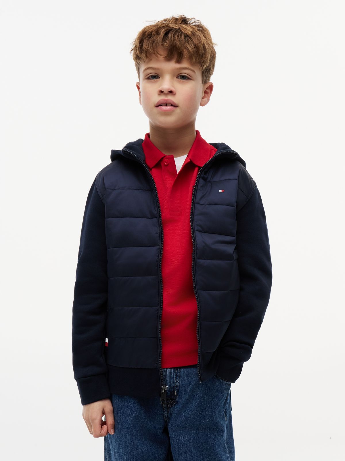 Kids' Mixed Media Hooded Quilted Jacket — Navy Blue