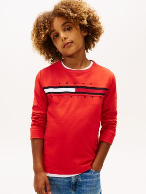 Kids' Long-Sleeve Flag Logo T-Shirt, Deep Crimson