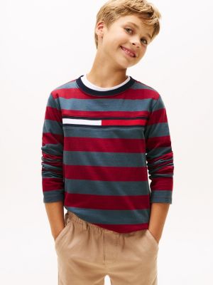 Kids' Long-Sleeve Stripe Logo T-Shirt, Rouge