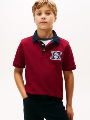 Kids' H Logo Stretch Polo Shirt, Rouge
