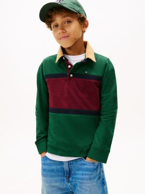 Kids' Long-Sleeve Colorblock Polo, Ornamental Green