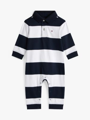 Babies' Stripe Polo Coverall, Navy Blue