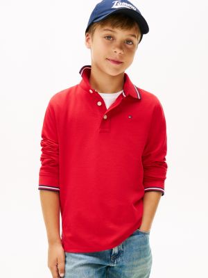 Kids' Long-Sleeve Tipped Polo, Red