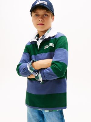 Kids' Long-Sleeve Rugby Stripe Polo, Ornamental Green