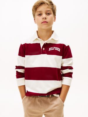 Kids' Long-Sleeve Rugby Stripe Polo, Rouge