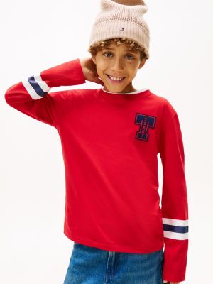 Kids' Long-Sleeve Stripe Logo T-Shirt, Red