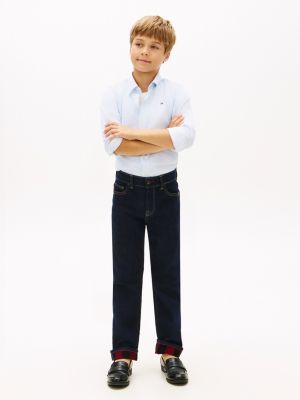 Kids' Cuffed Stretch Straight Jean, Dark Wash / Red Check