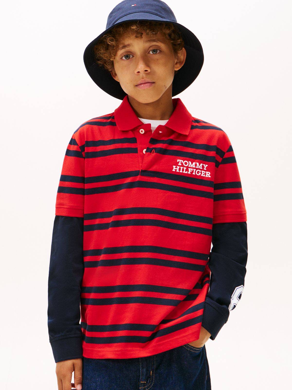 Kids' Logo Stripe Layered-Look Polo — Deep Crimson