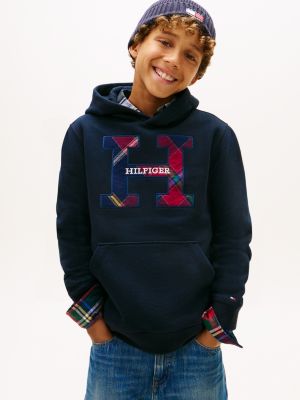 Kids' Plaid Logo Pullover Hoodie, Navy