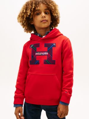 Kids' Plaid Logo Pullover Hoodie, Deep Crimson