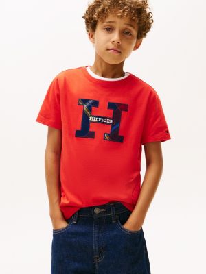 Kids' Tartan Hilfiger Logo T-Shirt, Deep Crimson