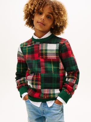 Kids' Mixed Print Plaid Sweater, Ornamental Green