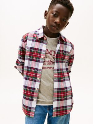 Kids' Tartan Print Stretch Shirt, Optic White