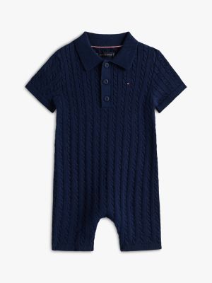 Babies' Cable Knit Polo Shortall, Carbon Navy